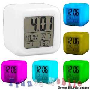 Horloge Reveil Alarme Thermometre Numerique LED Plusieurs Couleurs Cube Blanc