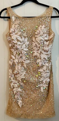 JOVANI Vintage Tan Floral Embellished Sequin Jeweled Midi Dress, Size 2 - Image 1 of 4