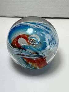 Vintage Kunst Glas Orange & Blau Wirbel Briefbeschwerer Murano Stil Paperweight - Bild 1 von 7