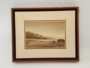 Quadro acquerello vintage originale spiaggia firmato John Ebner incorniciato - Foto 1 di 15