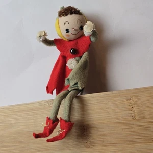 Muñeca Pixie Elf de Fieltro Años 50 De Colección Japón - Cabello Rizado Rojo Verde Rodillera 6" - Imagen 1 de 24