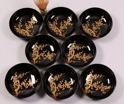 Japanese Lacquer Plates 4.49inch Set of 8 Gold Plum Blossom Maki-e Taisho Era - Image 1 of 4