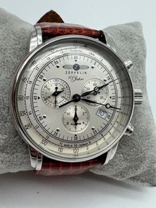 Men's Zeppelin 100th Jahre 7680-1 Chronograph Silver Tone Date Watch New Battery - Picture 1 of 14
