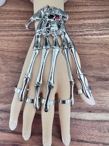 Skeleton Skull women’s Hand Wrist Finger Punk Bracelet & Adjustable Ring Fingers - Picture 1 of 10