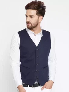 Cloth Zones Blue V Neck Regular Fit Formal Wedding Party Casual Waistcoat Vest - Picture 1 of 6