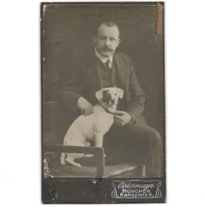 German Man & Jack Russell Terrier Dog Photo CDV Portrait Munich Germany 1910 - Picture 1 of 4
