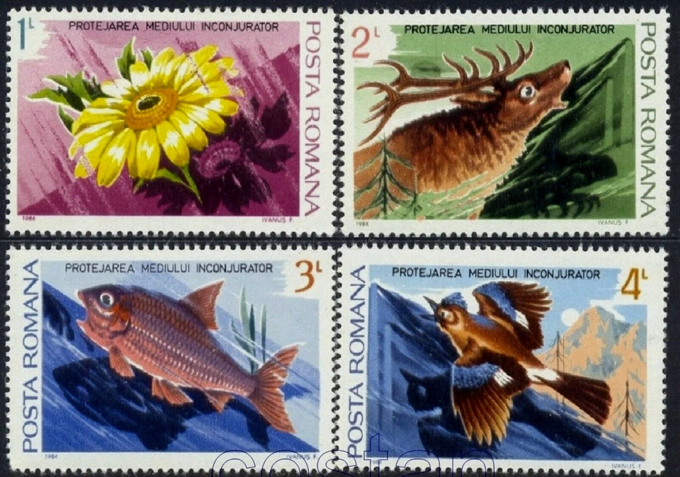 Girasol 1984, ciervo, pez, pájaro, protección del medio ambiente/naturaleza, Rumania, M.4031, MNH Foto 1 de 1