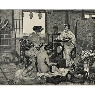 UN INODORO JAPONÉS - Original 1881 Antiguo Grabado Impresión - Casa de Baño Japonesa Foto 1 de 2