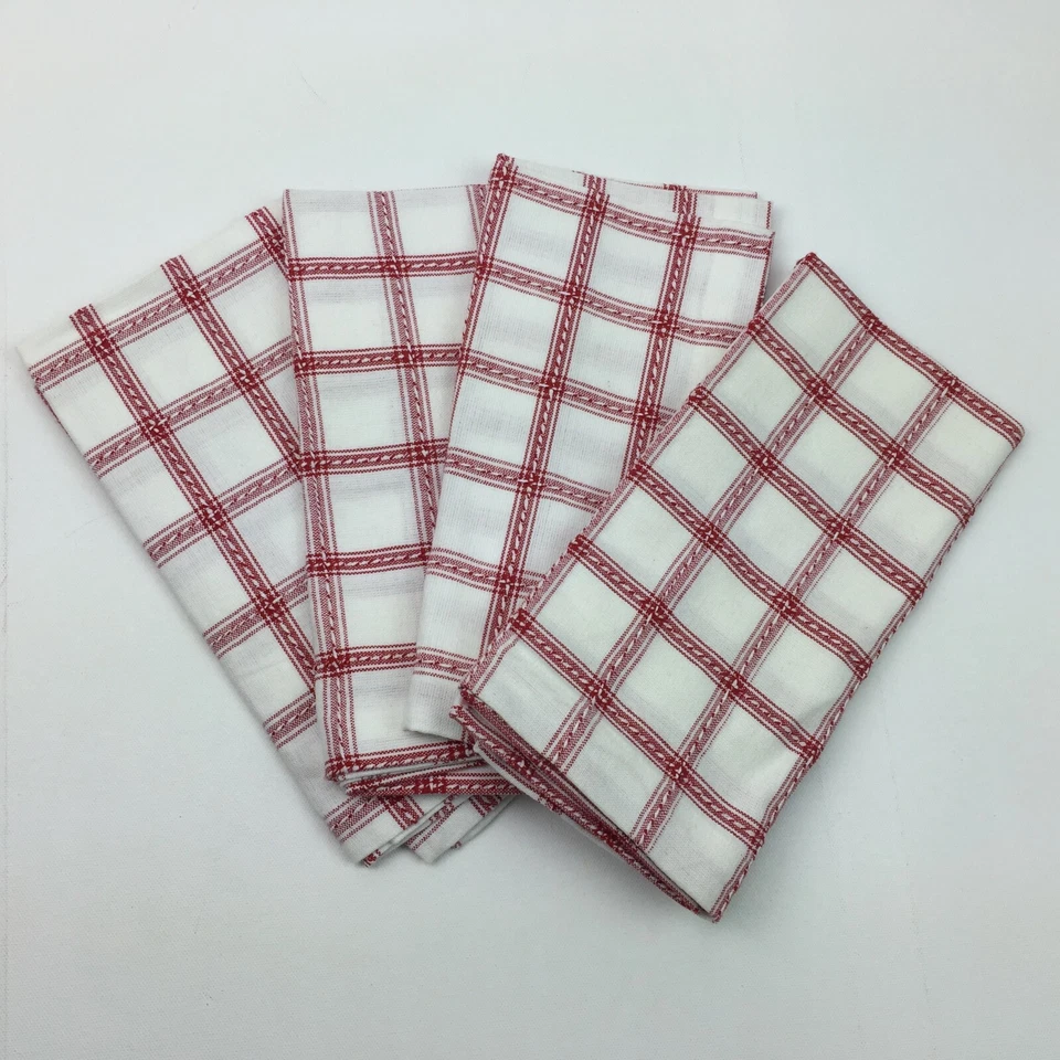 Set 4 Tovaglioli Panno Lino Quadrati Bianco Rosso Finestra Plaid Cucina - Immagine 1 di 4