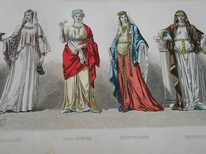 Gravure 19èm - Mode Fashion Gaulloise Gallo Romaine Mérovingienne Carlovingienne - Picture 1 of 1