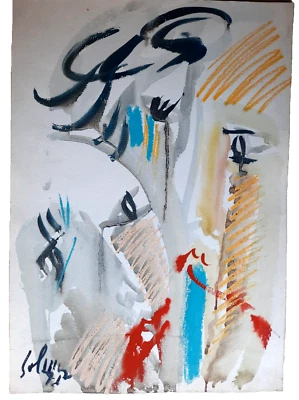 Mario Salmaso, Pastel and watercolour on Paper Painting, 1972 Abstrakt Faces - Bild 1 von 2