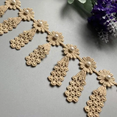 25x Gold 7*2cm Daisy Pearl Flowers Tassel Embroidered Lace Trim Ribbon DIY - Image 1 of 4