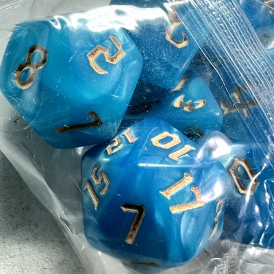 7 Dice Set - Blue Gold Swirl Poly RPG DnD Dungeons Dragons AD&D Pathfinder d20 - Immagine 1 di 4