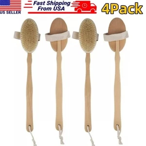 4x Long Handle Bath Brush Natural Bristles Body Back Shower Washing Scrubber - Picture 1 of 10