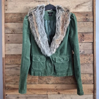 Twenty One Fitted Corduroy Blazer Faux Fur Collar Womens S Green Penny Lane Y2k - Image 1 of 4