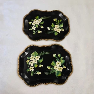 Bandeja de toleware vintage negra floral rectangular pintada a mano de metal 2 piezas 9,5"X7" - Imagen 1 de 8
