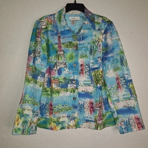 Coldwater Creek Artsy Paris Eiffel Tower Linen Blend Button Up Jacket Wmn's Sz S - Picture 1 of 10