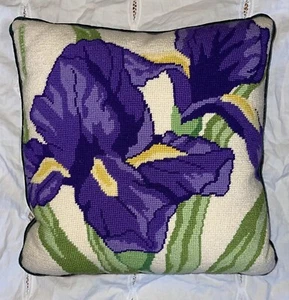 VTG Handmade Needlepoint Pillow Floral Iris Cottage 15x 15 Green Velvet Back - Picture 1 of 4