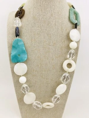 White Jade Quartz Turquoise Stone Necklace Clear Crystal Long Sterling Silver - Image 1 of 4