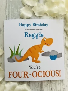 Personalised Four-ocious Dinosaur Birthday Card Boy Son Grandson Nephew 4th - Picture 1 of 3