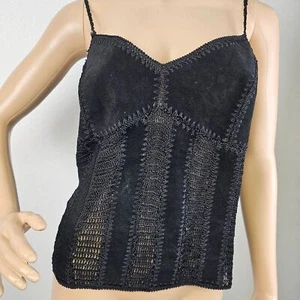 Y2K Passport Black Crochet Leather Babydoll Tank Top Cami Sz L Whimsigoth - Picture 1 of 8
