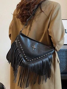 Vintage Leather Crossbody Bag, Boho Style Shoulder Bag, Tassel Rivet Cross Decor - Picture 1 of 6