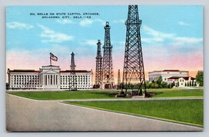 Oil Wells State Capitol Grounds Oklahoma City USA Flag Vintage Linen Postcard - Picture 1 of 2