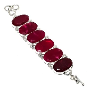Kashmiri Red Ruby Gemstone Handmade 925 Sterling Silver Jewelry Lovely Bracelet - Picture 1 of 6