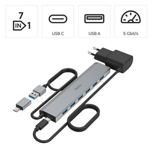 Hama USB-C-Hub Multi Port 7-fach USB-A 3.2 Gen 1 Verteiler 5 Gibt/s mit Netzteil - Bild 1 von 6