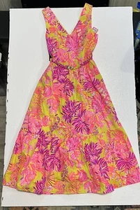 Lilly Pulitzer Bri V-Neck Cotton Midi Dress Calla Yellow Floral Coral 4 NWT - Picture 1 of 9