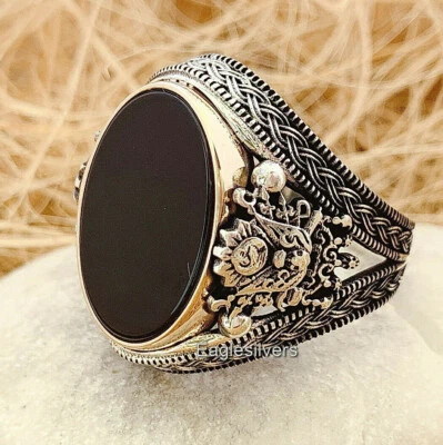 925 Argento Sterling Ottomano Empire Cappotto Di Braccio Onice Nera Uomo Donna - Immagine 1 di 4