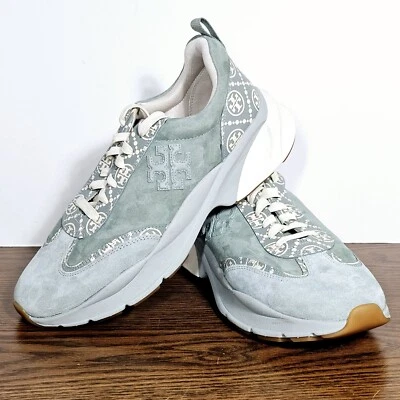 Tory Burch Size 11 Monogram Good Luck Trainer Sneaker Suede Blue Celadon / Cream - Image 1 of 4