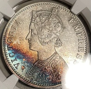 1900 C India 1 Rupee Blue TONED MS61 NGC Graded Silver Coin - Picture 1 of 3