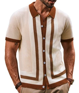 Camisa polo retro para hombre manga corta abotonada tejida italiana vintage años 70 shir... - Imagen 1 de 8