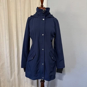 Jessica Simpson Women Navy Blue Softshell Hooded Rain Coat Cozy Jacket M - Picture 1 of 18