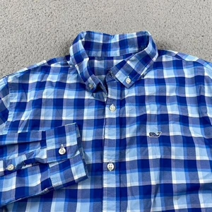 Vineyard Vines Button Down Shirt Youth Boys Size 16 Blue Plaid Nylon Spandex - Picture 1 of 10