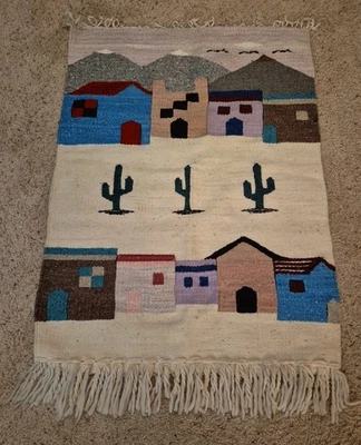 Alfombra tapiz textil de lana tejida zapoteca mexicana vintage casas de montañas Foto 1 de 4