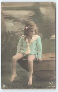 Postcard RPPC Beautiful Young Girl in Blue Barefoot on Boat Studio Tinted c1906 - Picture 1 of 3
