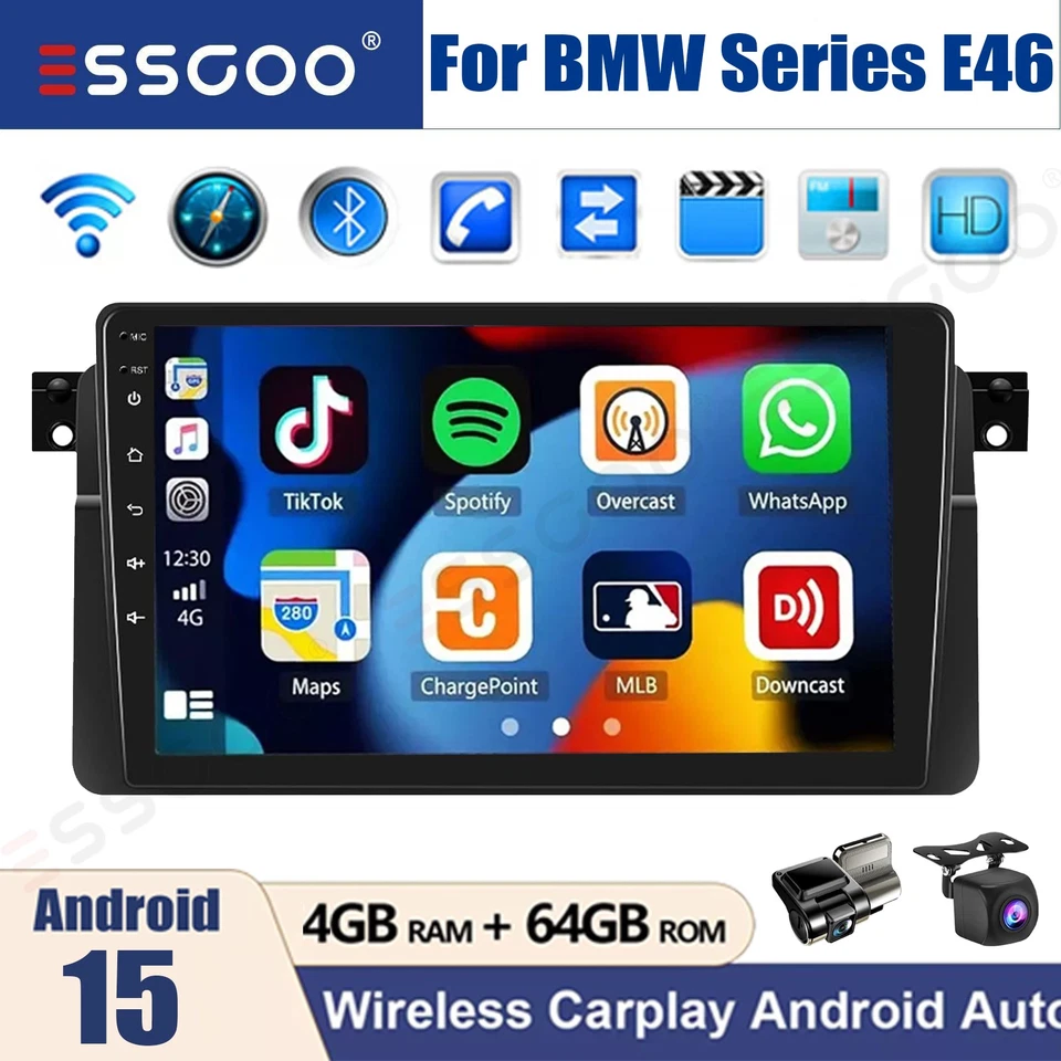 4+64GB for BMW 3-series E46 1998-2006 Android 15 DVR+ Car Stereo Radio BT FM+AHD - Image 1 of 4