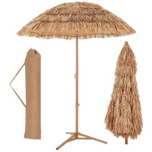 6.5 ft. Tilt Tiki Beach Natural Umbrella with Base Hawaiian Style PP Grass with - Picture 1 of 8