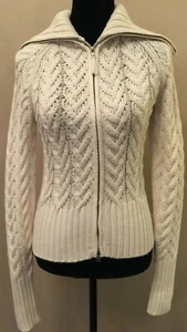 Theory Womens Zipper Front Cable Knit Cardigan Medium Ivory Shawl Collar Wool - Picture 1 of 11