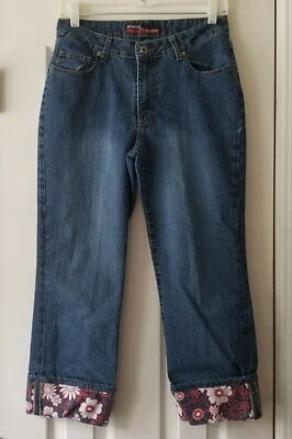 Kikit cropped jeans sz 6 floral print cuff pockets med wash 23" inseam mid rise - Image 1 of 4