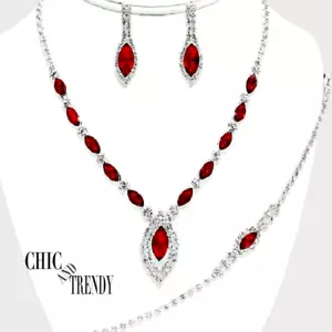 "3 PC" RED & CLEAR CRYSTAL PROM WEDDING BRIDAL FORMAL NECKLACE JEWELRY SET - Picture 1 of 5