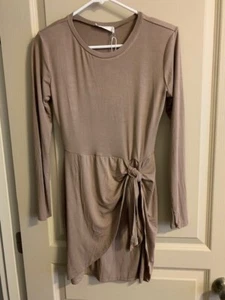 Üppiges Damen Pull-On Gr. S Taupe Faux Wickelkleid Langarm Stretch Blickdicht Neu - Bild 1 von 7