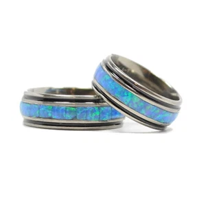 8mm Men's Titanium Tungsten Blue Opal Wedding Band Black Border Ring Size 6 - 14 - Picture 1 of 1