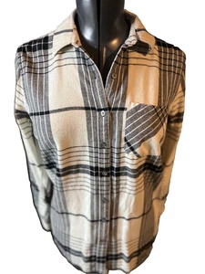 Banana Republic Damen XS weiche Waschung kariert Flanell Knopfleiste Hemd creme schwarz - Bild 1 von 6