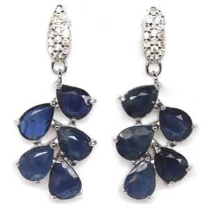 925 Sterling Silver 4 x 6 mm. Blue Sapphire & White Zircon Statement Earrings - Picture 1 of 4