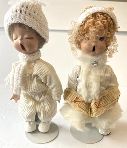 Open Mouth Porcelain Doll Singing Carolers Christmas Boy Girl String Jointed - Picture 1 of 19