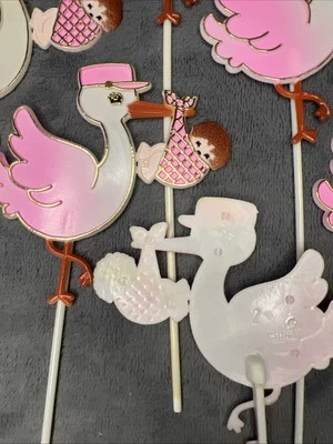 Stork Decor Picks For Baby Shower/Gender Reveal Pink Girl Vintage Set of 14  - Image 1 of 4