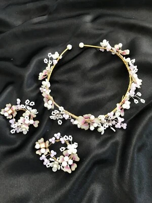 Impresionante diadema y pendientes con flores de perlas de boda para mujer niña novia para graduación Foto 1 de 4